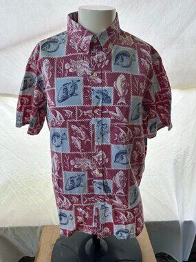 Vintage Kai Nam Men's Ocean Fish Pattern Red Hawaiian Shirt XL Aloha Button Fron